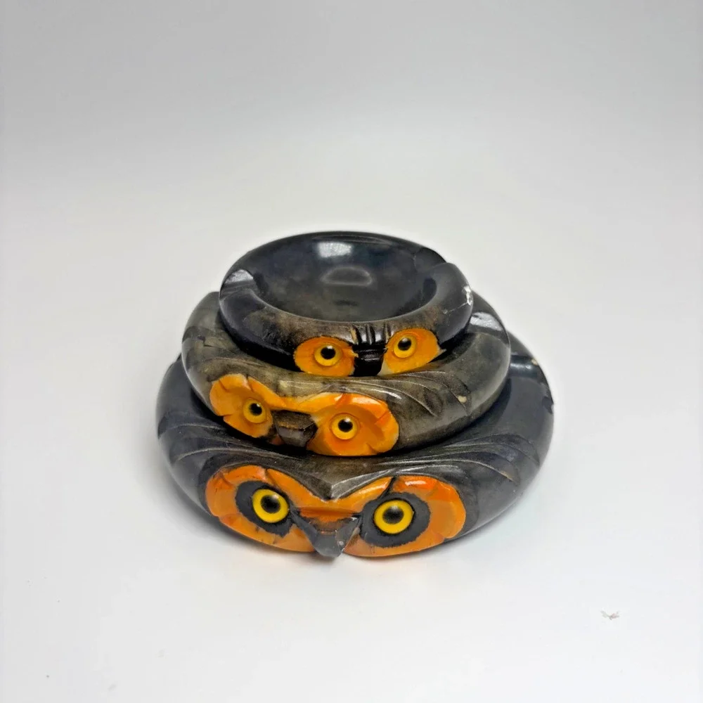 Rare Vtg Alabaster Nesting Set 3 Owl Ashtray/Candy Trinket Dish Made in Italy